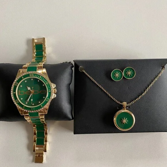 NIB Bebe Emerald Green & Gold Watch Earrings Locket Set - Picture 5 of 14